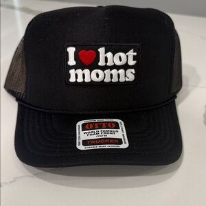 Black Trucker Hat with 'I Love Hot Moms' Design